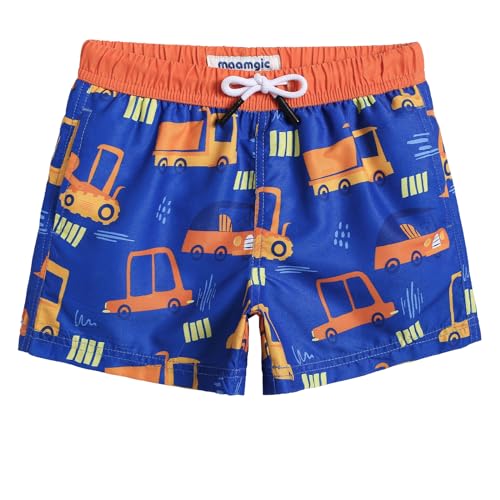 MaaMgic Kleine Jungen Badeshorts Badehosen Schnelltrocknend Boardshorts mit Mesh-Futter Taschen und Verstellbarem Tunnelzug MEHRWEG,Blau Orange Fahrzeuge,2 Jahre von MaaMgic