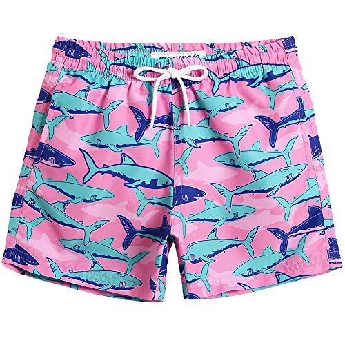 MaaMgic Kleine Jungen Badeshorts Schnelltrocknend Boardshorts mit Mesh-Futter Taschen und Verstellbarem Tunnelzug MEHRWEG, 10-12 Jahre, Pink Blau Hai von MaaMgic