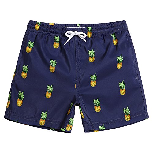 MaaMgic Kleine Jungen Badeshorts Schnelltrocknend Boardshorts mit Mesh-Futter Taschen und Verstellbarem Tunnelzug MEHRWEG, 7 Jahre, Navy Blau Ananas von MaaMgic