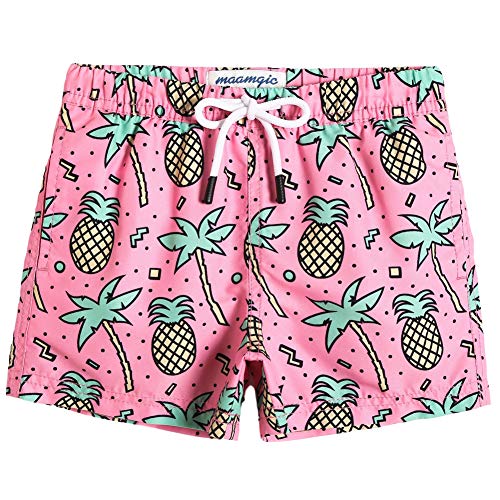 MaaMgic Kleine Jungen Badeshorts Schnelltrocknend Boardshorts mit Mesh-Futter Taschen und Verstellbarem Tunnelzug MEHRWEG, Ananas Kokosnuss Rosa, 10-12 Jahre von MaaMgic