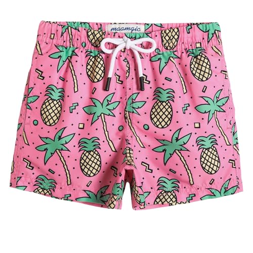 MaaMgic Kleine Jungen Badeshorts Schnelltrocknend Boardshorts mit Mesh-Futter Taschen und Verstellbarem Tunnelzug MEHRWEG, Ananas Kokosnuss Rosa, 7 Jahre von MaaMgic