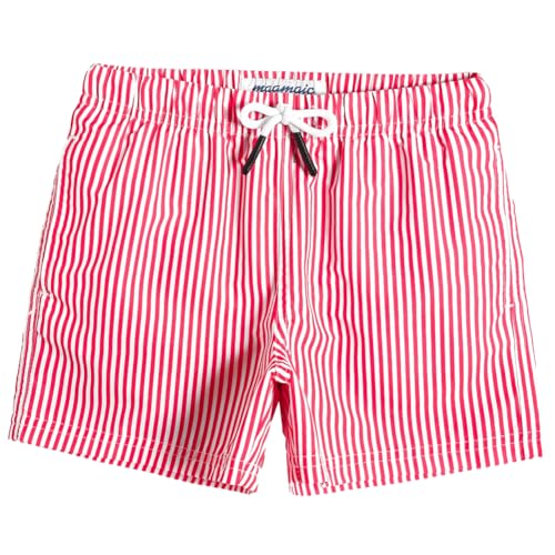 MaaMgic Kleine Jungen Badeshorts Schnelltrocknend Boardshorts mit Mesh-Futter Taschen und Verstellbarem Tunnelzug MEHRWEG,2 Jahre,Rot Gestreift von MaaMgic