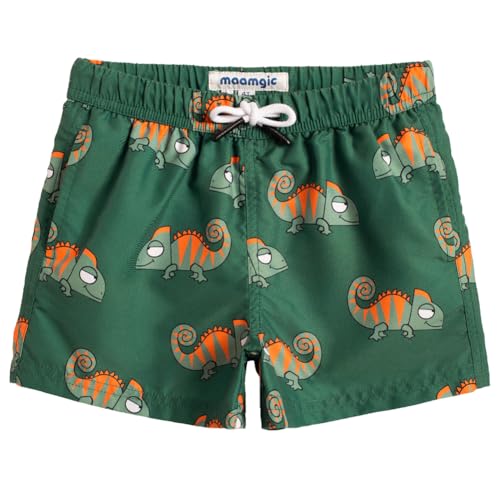 MaaMgic Kleine Jungen Badeshorts Schnelltrocknend Boardshorts mit Mesh-Futter Taschen und Verstellbarem Tunnelzug MEHRWEG,Chamäleon Grün,8 Jahre von MaaMgic