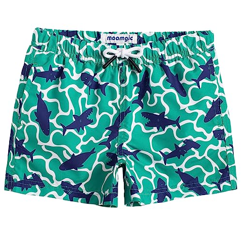 MaaMgic Kleine Jungen Badeshorts Schnelltrocknend Boardshorts mit Mesh-Futter Taschen und Verstellbarem Tunnelzug MEHRWEG,Grün Wasserwelle Blau hai,3 Jahre von MaaMgic