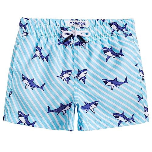 MaaMgic Kleine Jungen Badeshorts Schnelltrocknend Boardshorts mit Mesh-Futter Taschen und Verstellbarem Tunnelzug MEHRWEG,Hai blau weiß Gestreift,14-16 Jahre von MaaMgic