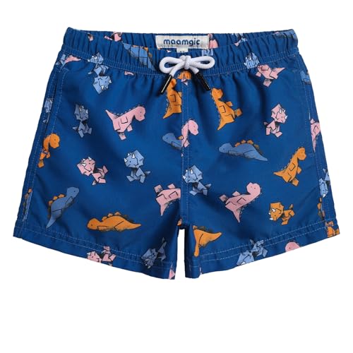 MaaMgic Kleine Jungen Badeshorts Schnelltrocknend Boardshorts mit Mesh-Futter Taschen und Verstellbarem Tunnelzug MEHRWEG,Navy Blau Dinosaurier Cartoon,5-6 Jahre alt von MaaMgic