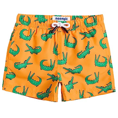 MaaMgic Kleine Jungen Badeshorts Schnelltrocknend Boardshorts mit Mesh-Futter Taschen und Verstellbarem Tunnelzug MEHRWEG,Orange gelb Krokodil,10-12 Jahre von MaaMgic