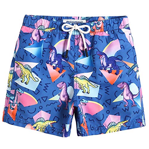 MaaMgic Kleine Jungen Badeshorts Schnelltrocknend Boardshorts mit Mesh-Futter Taschen und Verstellbarem Tunnelzug MEHRWEG, Blau Große Dinosaurier, 2 Jahre von MaaMgic