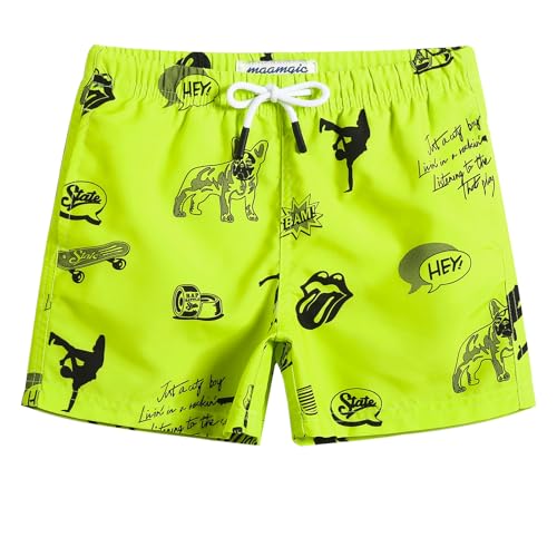MaaMgic Kleine Jungen Badeshorts Schnelltrocknend Boardshorts mit Mesh-Futter Taschen und Verstellbarem Tunnelzug MEHRWEG, Bulldogge Grün, 3 Jahre von MaaMgic