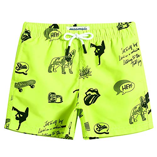 MaaMgic Kleine Jungen Badeshorts Schnelltrocknend Boardshorts mit Mesh-Futter Taschen und Verstellbarem Tunnelzug MEHRWEG, Bulldogge Grün, 7 Jahre von MaaMgic