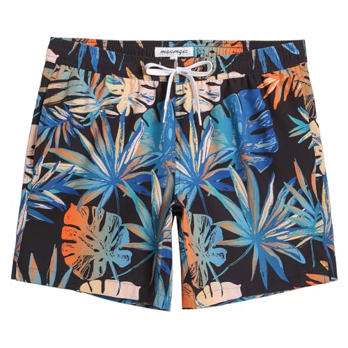 MaaMgic Stretch Badehose Herren Badeshorts Männer Schnelltrocknend Badehosen für Herren Boardshorts für Strand, Surf und Wassersport,Orange-Grüne Blätter,M von MaaMgic