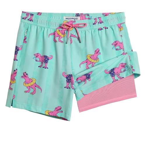 maamgic Herren-Badehose mit Kompressionsfutter, Board-Shorts, schnelltrocknend, Strand-Bademode mit Reißverschlusstaschen, 14 cm, Mintgrüner Dinosaurier, Medium von MaaMgic