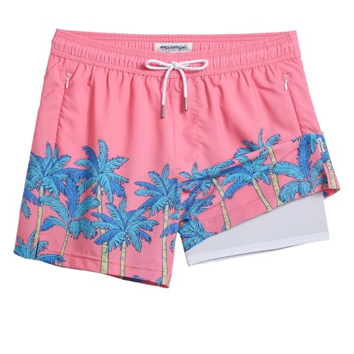 maamgic Herren-Badehose mit Kompressionsfutter, Board-Shorts, schnelltrocknend, Strand-Bademode mit Reißverschlusstaschen, 14 cm, Pink-blaue Kokosnussbaum, X-Large von MaaMgic