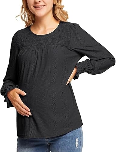 Frauen Tops für Mutterschaft Tops Langarm Rundhals Bluse Loose Fit Casual Umstandstshirt Schwarz L von Maacie