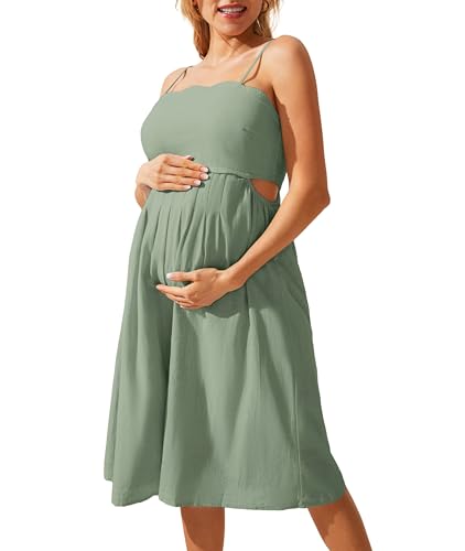 Maacie Ärmelloses Kleid Für Schwangere Wellendesign An Der Taille Faltenrock Blassgrün 2XL von Maacie