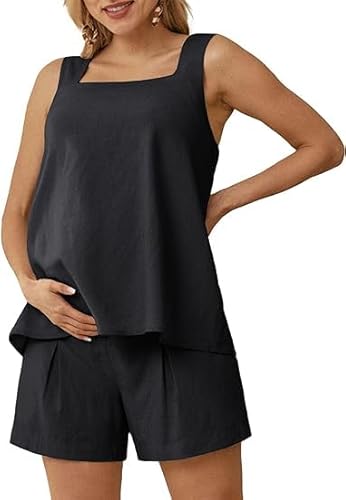 Maacie T shirt Damen Einfarbig Ärmellos Top Mit Shorts Zweiteiliges Set für Schwangere Schwarz M von Maacie