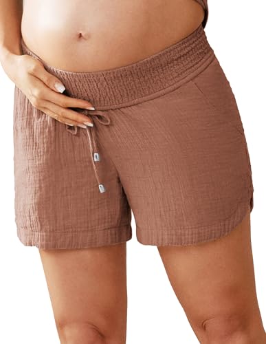 Maacie Umstands-Shorts Unterbauch-Kordelzug Elastische Taille Baumwoll-Shorts Mit Taschen Sommer Süß Strand Lässig von Maacie