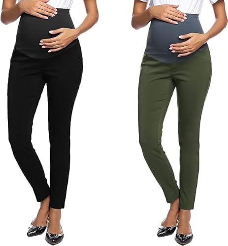 Maacie Umstands Arbeitshose über dem Bauch dünne Büro-Kleid-Leggings Komfortabel 2pc Set Schwarz + Armeegrün 2XL von Maacie