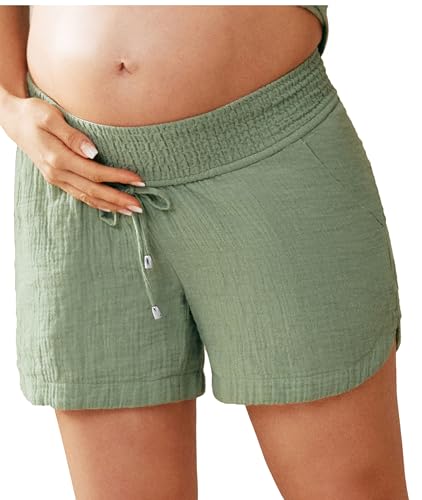 Maacie Umstands-Shorts Unterbauch-Kordelzug Elastische Taille Baumwoll-Shorts Mit Taschen Sommer Süß Strand Lässig von Maacie