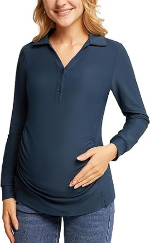 Maacie Umstandsbluse Reverskragen V Ausschnitt Schwangerschaftstops Bluse Casual Tunika Tops Dunkelblau M von Maacie