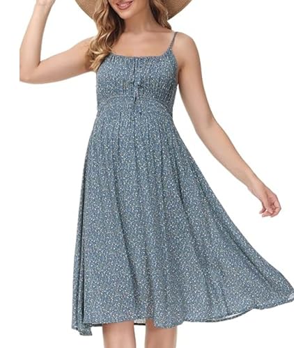 Maacie Umstandskleid mit gerüschter Brust fließendes Boho-Midi-Strandkleid Blau Grau S von Maacie