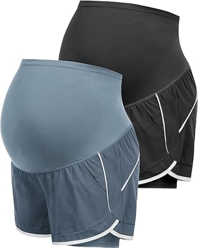 Maacie Umstandsshorts für Frauen Trendige modische Bequeme Sportshorts für die Schwangerschaft 2 Stück - Schwarz+Blau-Grau S von Maacie