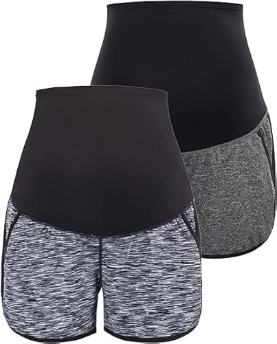 Maacie Umstandsshorts für Frauen atmungsaktive feuchtigkeitstransportierende ultradehnbare Shorts für Workout Pilates Yoga 2 Stück - Grau-Schwarz+Schwarze Blumengrau S von Maacie