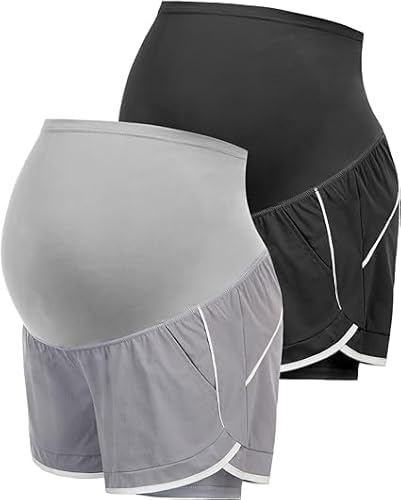 Maacie Umstandsshorts für Frauen ultraleichte kühle frische Sportshorts mit elastischem Bauchband 2 Stück - Schwarz+Grau 2XL von Maacie