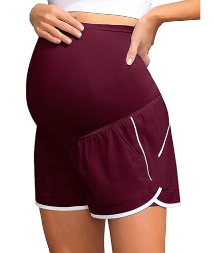 Maacie Umstandsshorts für Frauen weiche super Dehnbare Sportshorts mit doppellagigen Seitentaschen Rotwein XL von Maacie