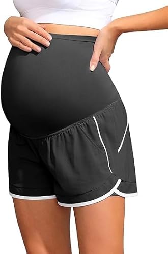 Maacie Umstandsshorts mit hoher Taille über dem Bauch bequem super dehnbar weiche Sportshorts für das Fitnessstudio Schwarz M von Maacie