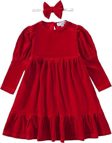 Mädchen Samtkleid Partykleid Freizeitkleid Lange Ärmel mit Rüschen für Mädchen Rot#Samtkleid 04Y von Maacie