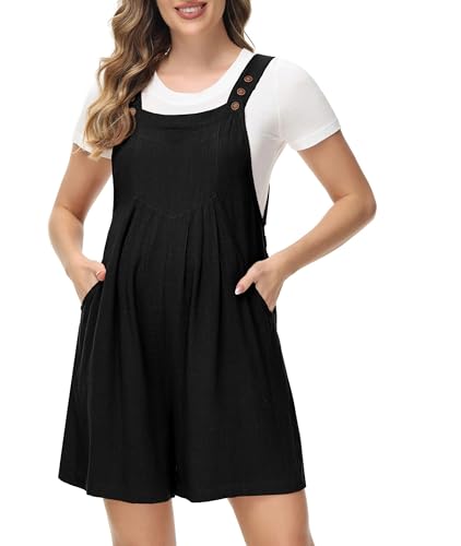 Maternity Short Jumpsuit Summer Breathable Adjustable Strap Loose Linen Short Bib Overalls Rompers Black S von Maacie