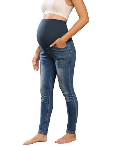 Mutterschaft Jeans hohe taillierte gerade Hosen mit Taschen Super Stretch Jeans Kleidung Knöchel Länge weich und bequem Dunkelblau L von Maacie