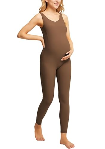 Mutterschaft Strampler Mutterschaft Workout Set ärmellos Jumpsuit mit Taschen Braun 2XL von Maacie