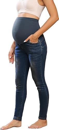 Schwangerschaftsjeans Alltäglich Bequem Hosen Komfortabel Damen Pants mit Taschen Dark Denim Blue L MC0241A22-03 von Maacie