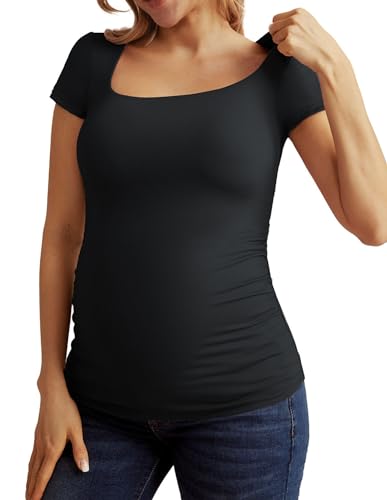 Umstands-T-Shirt Für Frühling Und Sommer Quadratischer Ausschnitt Kurze Ärmel Schwarz XL von Maacie