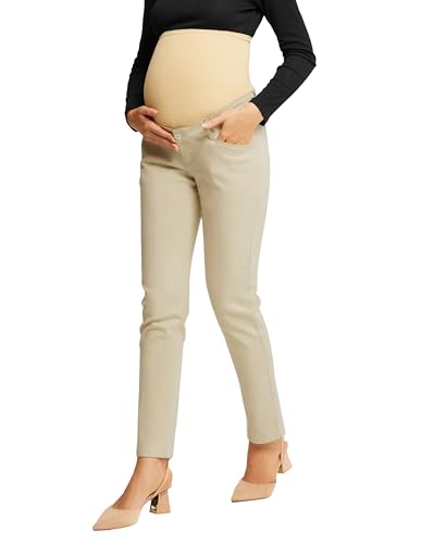 Umstandshose mit Verstellbarem Schwangerschaft Straight Bein Pants Anti Rutsch Hosen mit Tasche Beige L von Maacie