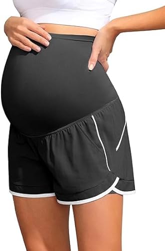Umstandsshorts für Schwangere Frauen schnell trocknende atmungsaktive über den Bauch reichende Sportshorts mit Taschen Futter Schwarz L von Maacie