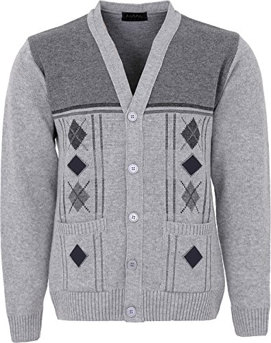 Maan Store Herren Strickjacke mit V-Ausschnitt, Grobstrick, mit Taschen vorne und Knopfverschluss Gr. Large, hellgrau von Maan Store