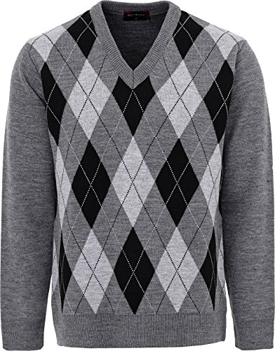 Maan Store Herren V-Ausschnitt Klassischer Strickpullover Rautenmuster Lange Ärmel Top Sweater, Grau (Mid Grey), XL von Maan Store