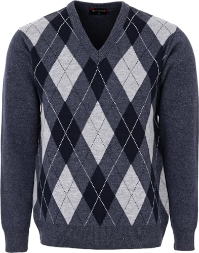 Maan Store Herren V-Ausschnitt Klassischer Strickpullover Rautenmuster Lange Ärmel Top Sweater, Navy Mix, L von Maan Store