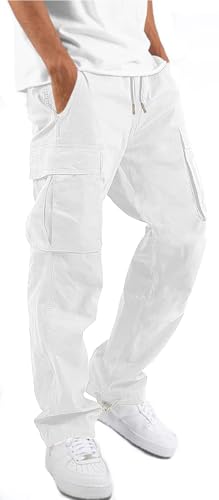 Maavoki Cargohose Herren Relaxed Fit Baumwolle mit Gummizug, Outdoor Freizeithose Casual Wanderhose Herren mit Multi Taschen Weiß M von Maavoki