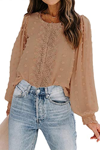 Maavoki Damen Chiffon Bluse Langarm Shirts, Elegant Polka Dot Rundhals Oberteile, Sommer Loose Casual Long Ärmel Pom Pom Tops Shirt (Coffee, S) von Maavoki