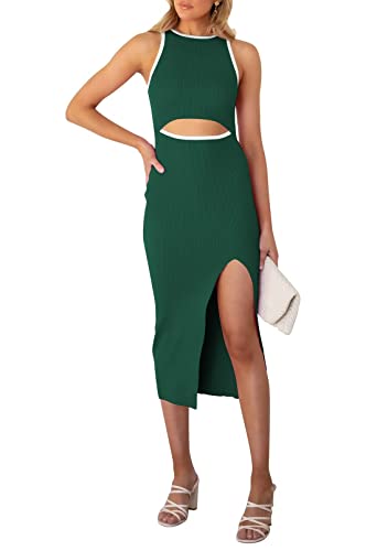 Maavoki Sommerkleid Damen Ärmelloses Cut Outs Kleid Rundhals Midikleid Bodycon Kleider mit Schlitz Grün, L von Maavoki