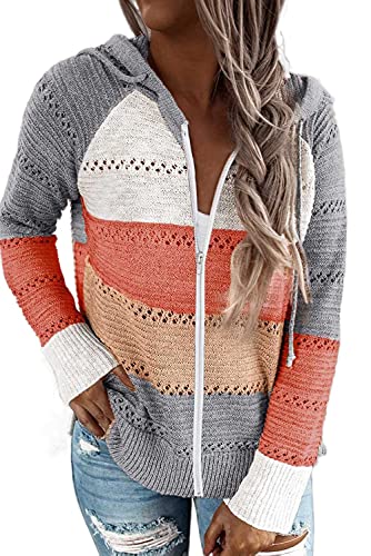 Maavoki Damen Farbblock Hoodie, Casual Zip Knit Kapuzenpullover für Frauen, Langarm Strickpullover Herbst Winter Sweatjack Grau XXL von Maavoki