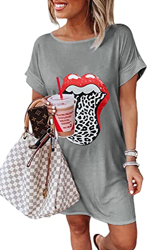 Maavoki Damen Kurzarm T-Shirt Mini Kleider, Sommer Oversize Rundhals Shirtkleid mit Lippen Muster, Casual Minikleider Tank Tops Freizeitkleid A-Off-weiß L von Maavoki