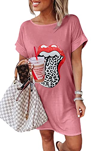 Maavoki Damen Kurzarm T-Shirt Mini Kleider, Sommer Oversize Rundhals Shirtkleid mit Lippen Muster, Casual Minikleider Tank Tops Freizeitkleid A-Rosa M von Maavoki