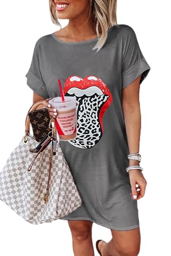 Maavoki Damen Kurzarm T-Shirt Mini Kleider, Sommer Oversize Rundhals Shirtkleid mit Lippen Muster, Casual Minikleider Tank Tops Freizeitkleid für Damen (Grau, L) von Maavoki