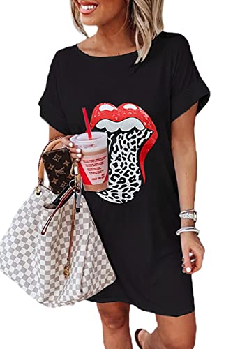 Maavoki Damen Kurzarm T-Shirt Mini Kleider, Sommer Oversize Rundhals Shirtkleid mit Lippen Muster, Casual Minikleider Tank Tops Freizeitkleid für Damen (Schwarz, L) von Maavoki