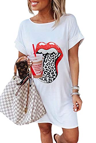 Maavoki Damen Kurzarm T-Shirt Mini Kleider, Sommer Oversize Rundhals Shirtkleid mit Lippen Muster, Casual Minikleider Tank Tops Freizeitkleid für Damen (Weiß, S) von Maavoki